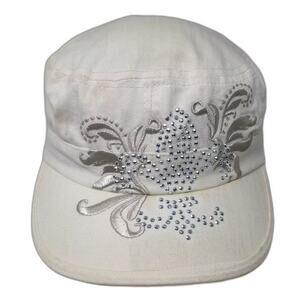 Scala Pronto Army Cap Hat White Silver Rhinestone Floral Embroidery Cotton OS